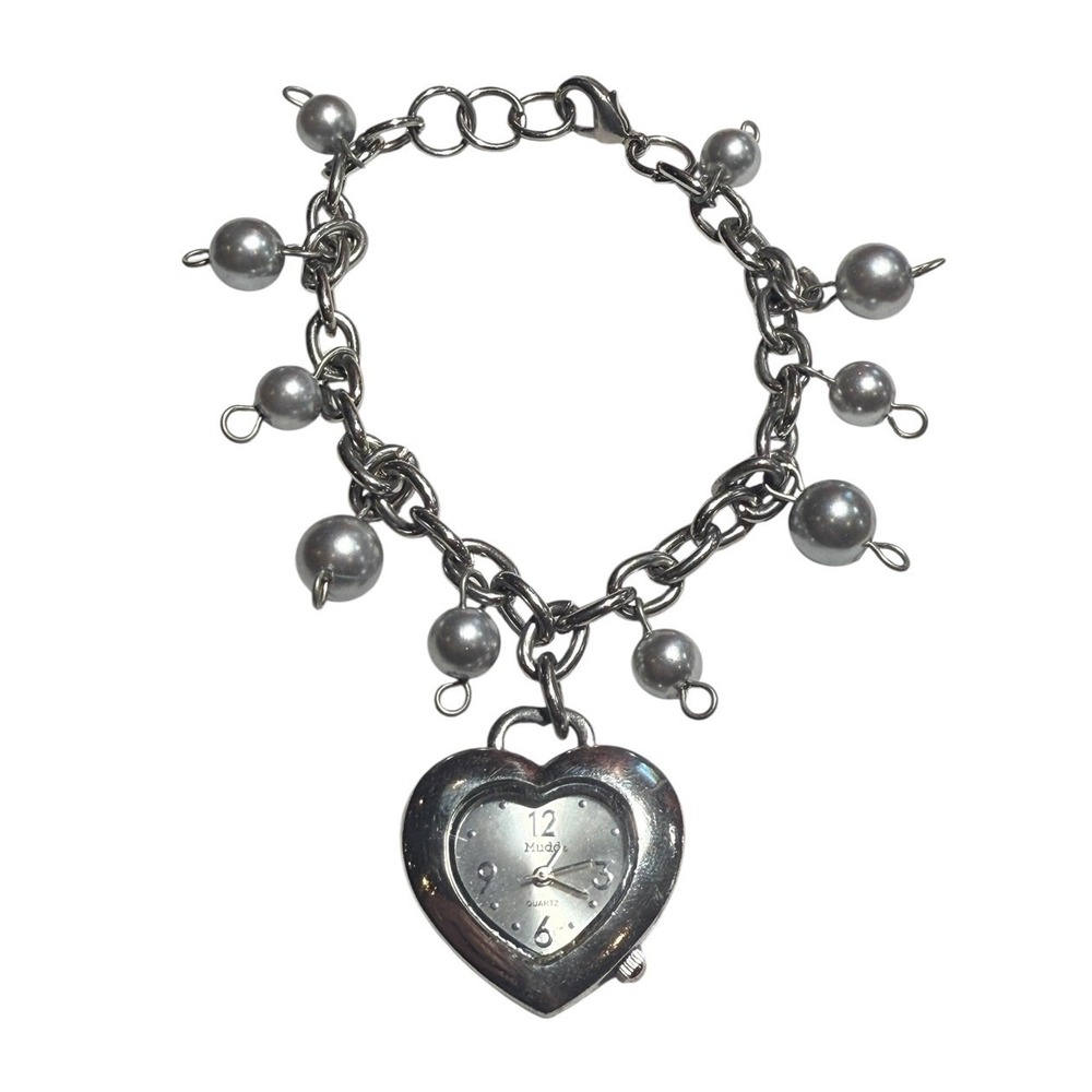 Vtg Mudd Heart Charm Bracelet Watch Quartz Silver Tone Chain Faux Pearls Y2K